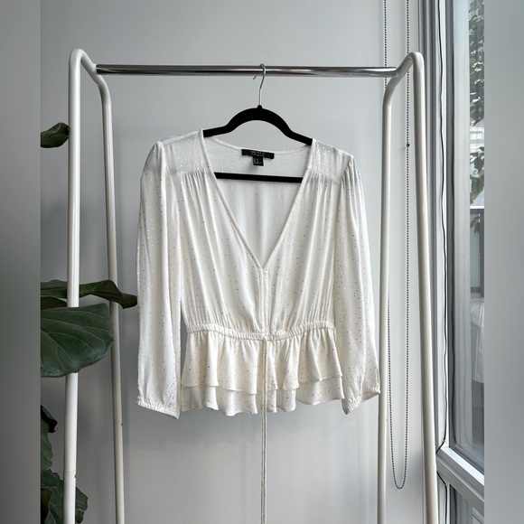 FOREVER 21 | White and Silver Long-Sleeve Blouse with Cinch Waist and Ru… - Picture 3 of 3